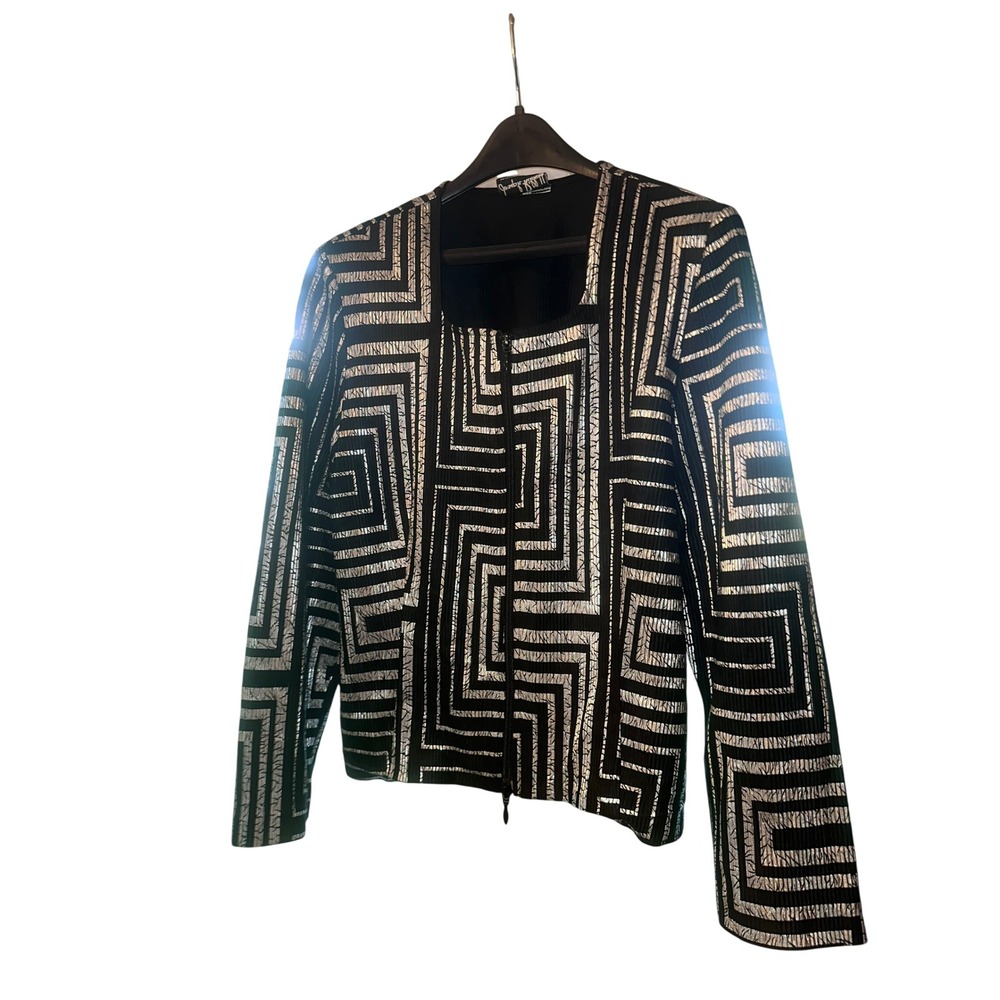 Joseph Ribkoff Silver Metallic Geometric Greek Key Zip Up Jacket Black Size 14
